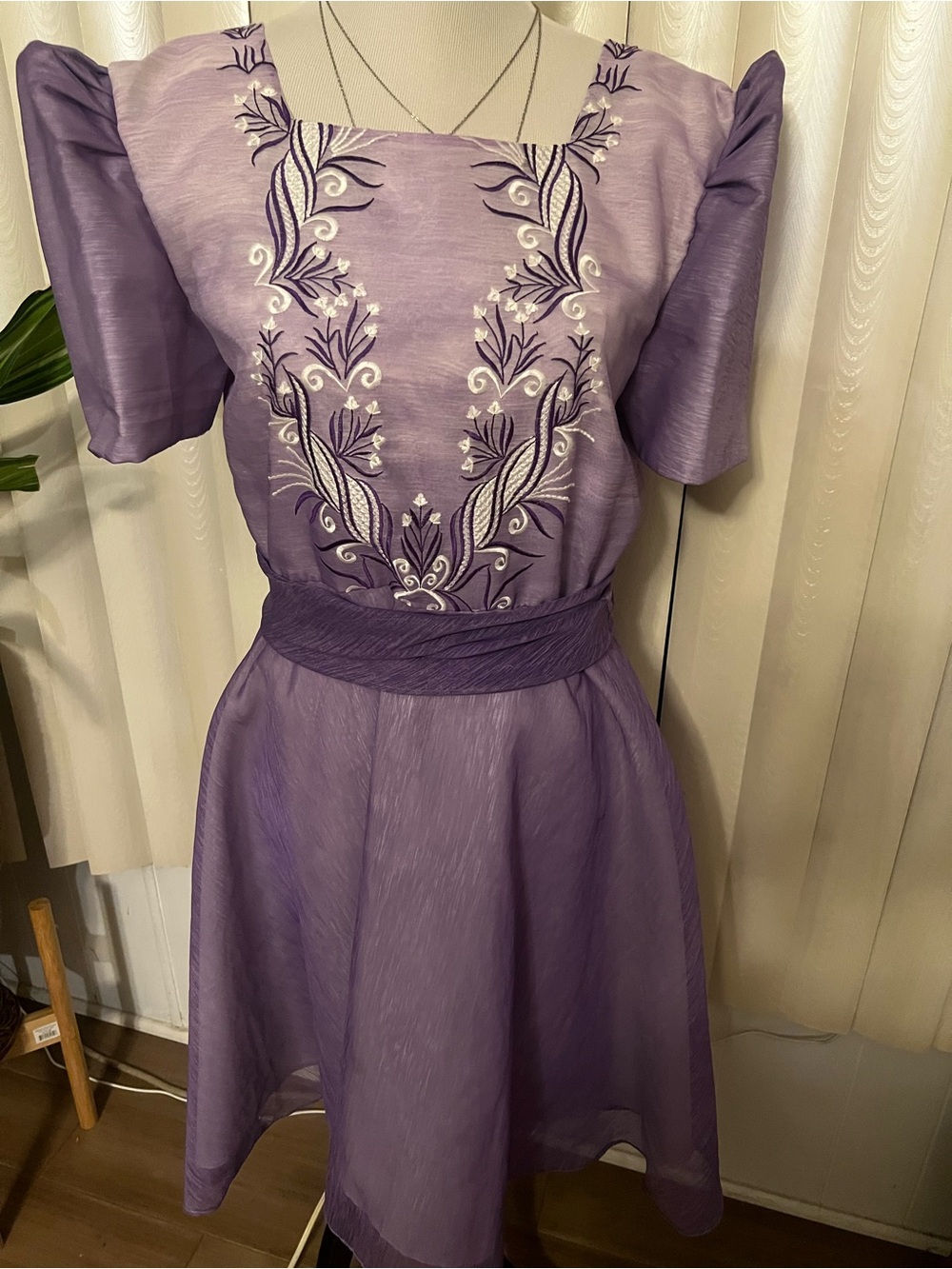 Barong Tagalog Lavender Embroidered Dress with Puff Sleeves